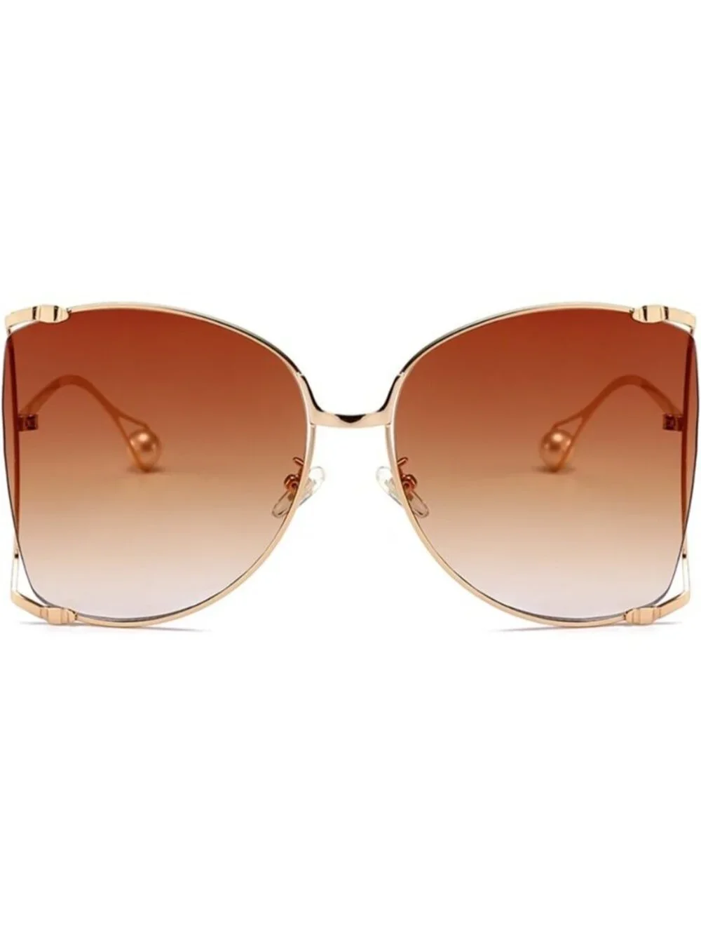 Women's Oversized Semi Rimless Sunglasses Retro Metal Frame Glasses Gold Brown